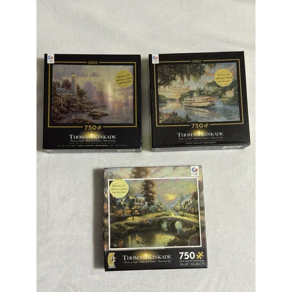 Thomas Kinkade Metallic Sunset Lamplight Lane River Queen 750 pc Lot 3 Puzzles